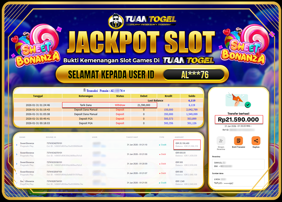 TUANTOGEL JACKPOT SLOT SWEET BONANZA Rp21.590.000, - LUNAS 